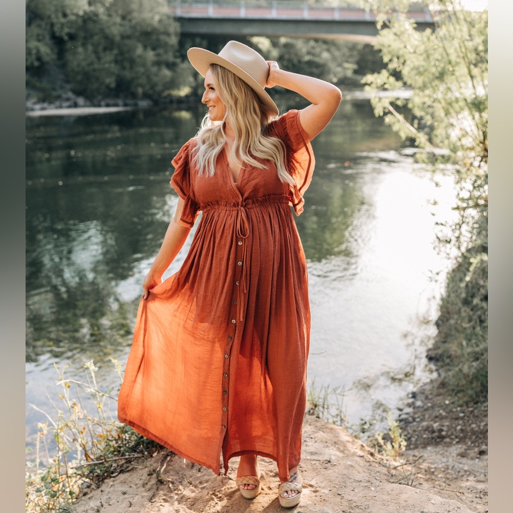 Rust Orange Button Front Maxi Dress Size Small